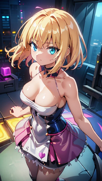 ((Highest quality)), ((masterpiece)), (detailed:1.4), 3d, detailedな筋肉のリアルなmasterpieceを持つカメラを見ている美しいサイバネティックガール, Beautiful cyberpunk woman image,High resolution (High Dynamic Range),Ray Tracing,NVIDIA,Super Resolution,Unreal 5,Scattered beneath the surface,PBR Texturing,Post-processing,Maximum clarity and sharpness,Multilayer Texture,Albedo and Specular Maps,Surface Shading,Accurate simulation of light-matter interactions,Perfect Proportions,Octane Rendering,Two-tone lighting,wide aperture,Low ISO,White balance,Three-part method,8K RAW, Active Pause, Action pose, (Gold Parts), fringe, whole body, Emerald Blue Eyes, very beautiful shorthair, (A faint smile), ((Very elegant)), ((Very luxurious)), ((Very large room)), (Suite Room), (From above),masterpiece,8k,(Silicone Skin), ((In-focus photo)), ((Focused photos)), ((People are not blurred)), 4K,Blonde、Attractions、A beautiful, high-contrast, rainbow-hued costume、Tight clothing ,sprawl ,Heart symbol,(Glowing Skin、Pink and blue light source),huge , ((Heavy breathing:1.3)), , Little devil smile, Angle from below、、throw、((Illuminated by neon and black lights)))、Dancing, (with a gun in hand)、((Two perfect hands))、((Perfect Five Fingers))、