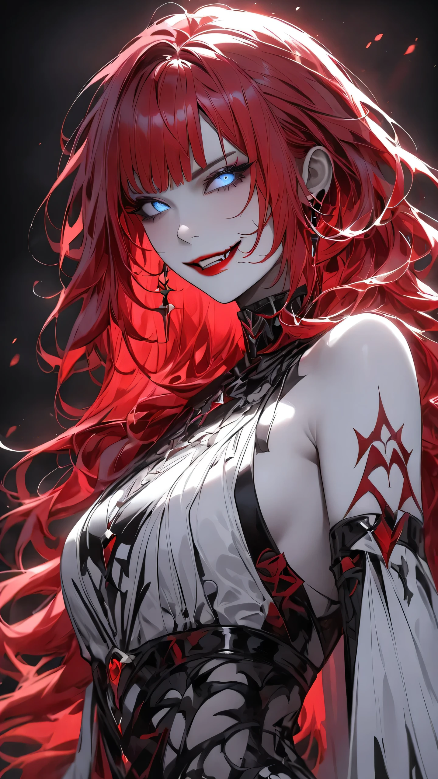highest quality、masterpiece、1 girl、black background、red hair:1.5、blue eyes、red lips, white clothes、Black and white world、Black and white world、pale skin、side blade, evil smile 
