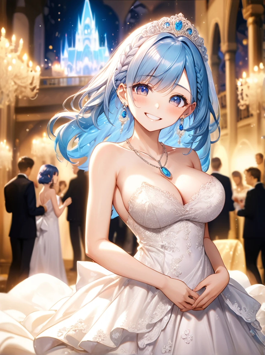 (Highest quality, 8k, 32K, masterpiece, Ultra-high resolution,:1.2),to be born, One Girl,So cute , A fantasy background like a wedding venue at night, clear, Shining Eyes, Age 25 ,Fair skin, blue haired girl, Slanted Eyes, , An innocent smile, Grin, Large Breasts, Long Hair, Wedding dress, Long Hair, The earrings are shiny, The necklace is shining, Noble race,short hair, Braided