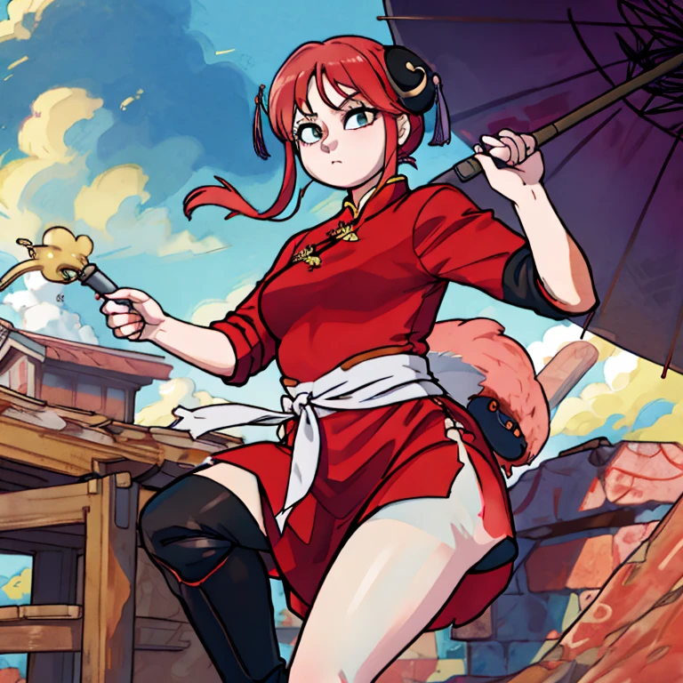 Kagura, masterpiece, best quality, highres, kgr1, red dress, double bun, bun cover, china dress, chinese clothes, knee boots, short sleeves, big fat figure, small breasts, cowboy shot, hand on hip, closed umbrella, holding umbrella, outdoors,