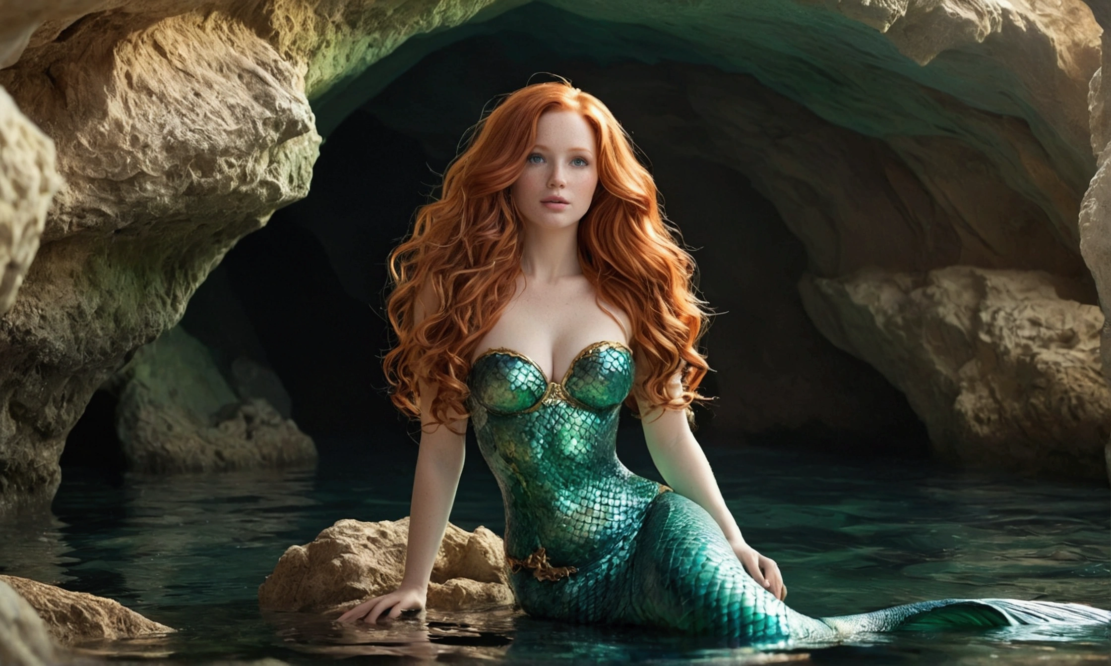 create an ultra realistic full body redhead mermaid with long wavy hair, body with pronounced curves, little clothing, cracked belly, bountiful breasts, wide hips and very thin waist, tail in shades of green on the bottom of the clear sea with a cave without fish