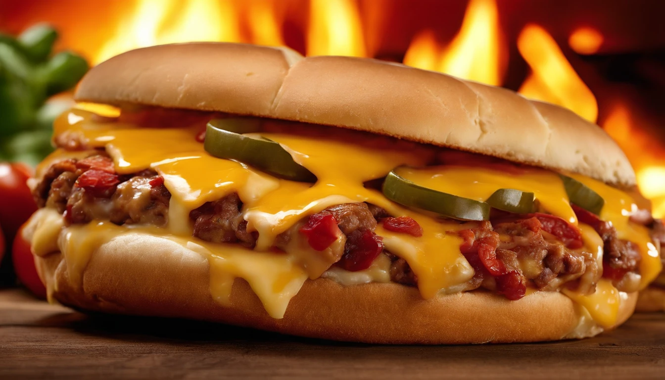 Mammoth size Cheeseburger pizza, with sausage, pepperoni, salami, dried tomatoes, pineapple, Canadian bacon, bacon, buffalo style chicken, 2 5 pounds each hamburgers, provolone, mozzarella, Colby Jack Cheese, Pepper jack cheese, Fiesta Blend cheese, Mexican Blend Cheese,mild salsa, green peppers, mushrooms, bell peppers, dried cranberries, 2 tablespoons of cinnamon, and Paul Newman's Vodka Sauce. A curly dirty blonde man 5'6", with a streaky red beard, 180lbs, is sitting at table getting ready to eat this mammoth burger. He's wearing a shirt that has 'Mountain Shine' written on it, in neon green & yellow pattern. 750k UHD resolution 4D