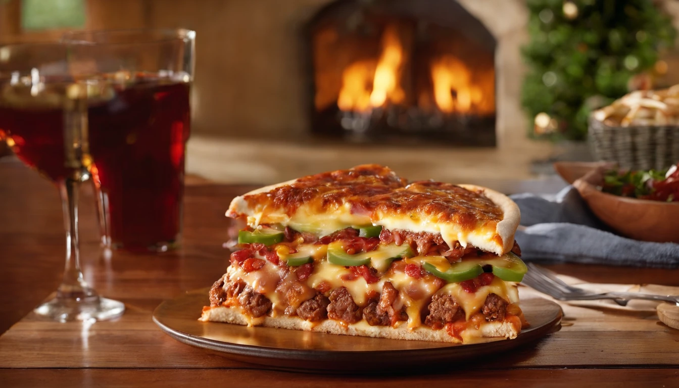 Mammoth size Cheeseburger pizza, with sausage, pepperoni, salami, dried tomatoes, pineapple, Canadian bacon, bacon, buffalo style chicken, 2 5 pounds each hamburgers, provolone, mozzarella, Colby Jack Cheese, Pepper jack cheese, Fiesta Blend cheese, Mexican Blend Cheese,mild salsa, green peppers, mushrooms, bell peppers, dried cranberries, 2 tablespoons of cinnamon, and Paul Newman's Vodka Sauce. A curly dirty blonde man 5'6", with a streaky red beard, 180lbs, is sitting at table getting ready to eat this mammoth burger. He's wearing a shirt that has 'Mountain Shine' written on it, in neon green & yellow pattern. 750k UHD resolution 4D