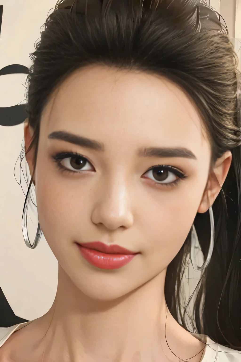 light brown hair, short ponytail, widow's peak, hoop earrings, grin, hair slicked back, depth of field, uhd, anatomically correct, textured skin, best quality, 8k, head shot、One Japanese woman、35 year old housewife、Perfect Makeup、Thin lips、Lip gloss、White V-neck T-shirt、