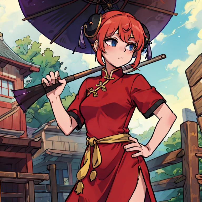 masterpiece, best quality, highres, kgr1, red dress, double bun, bun cover, china dress, chinese clothes, knee boots, short sleeves, small breasts, cowboy shot, hand on hip, closed umbrella, holding umbrella, outdoors,
