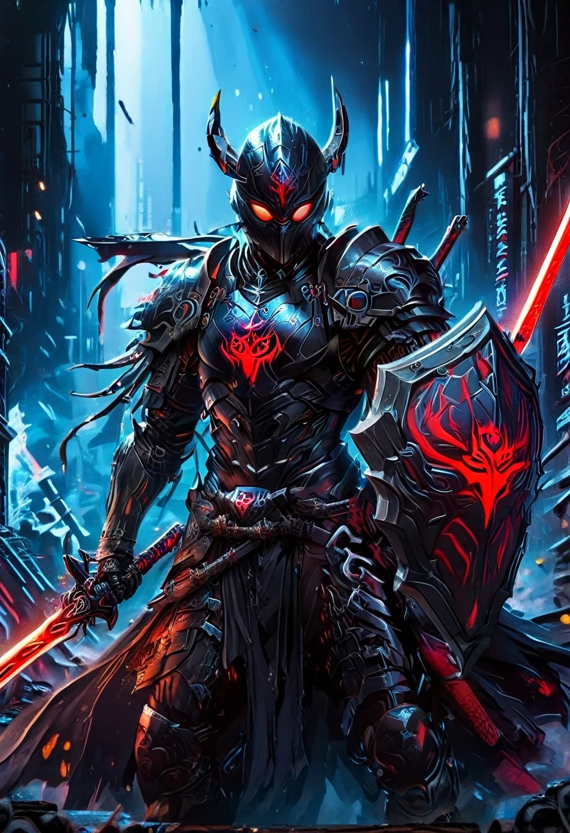 araffe dressed in a black suit holding a sword and a sword, cyborg samurai, cyber japan samurai armor, cyberpunk samurai, very beautiful cyberpunk samurai, full samurai armor spiderman, bio - mechanical ninja samurai, portrait of a cyberpunk samurai, cyber japan style armor, cyber japan armor, celtic and cyberpunk armor, black bull samurai, intricate assasin mecha armor