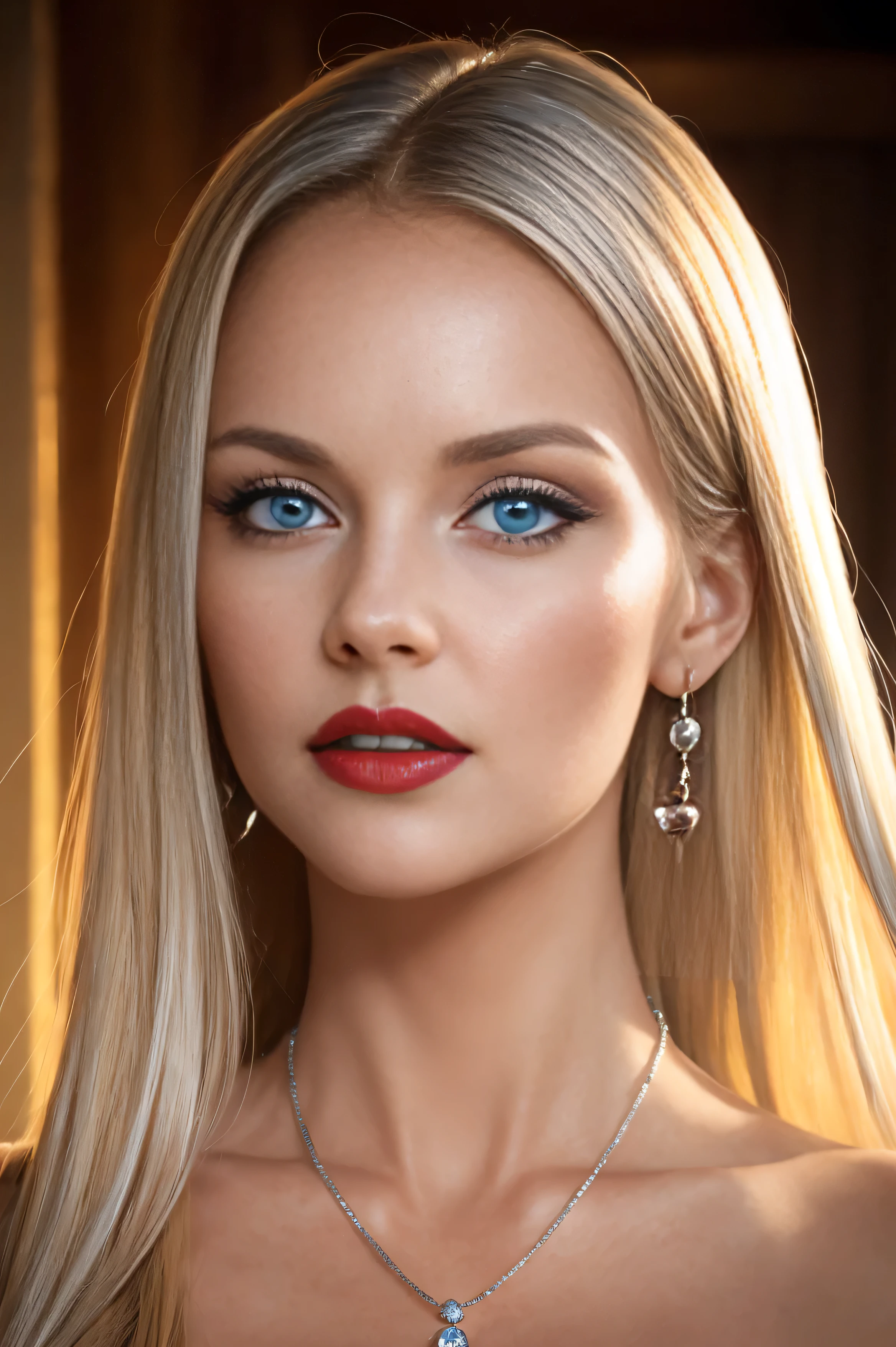 half-length portrait 30 years old caucasian woman, nagy slanting blue eyes very long blonde hair, tanned, beautiful full dark red lips, little nose, beautiful woman, silver earrings, silver necklace, gemstone pendant, hyper detailed photography, soft light, realistic portrait