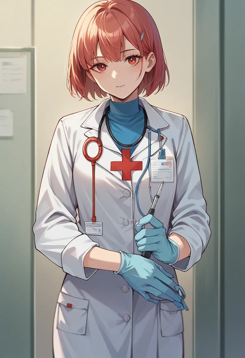 1girl, bangs, ((blue medical gloves)), ((((long sleeves)))), looking at viewer, ((red doctor outfit)), standing, solo