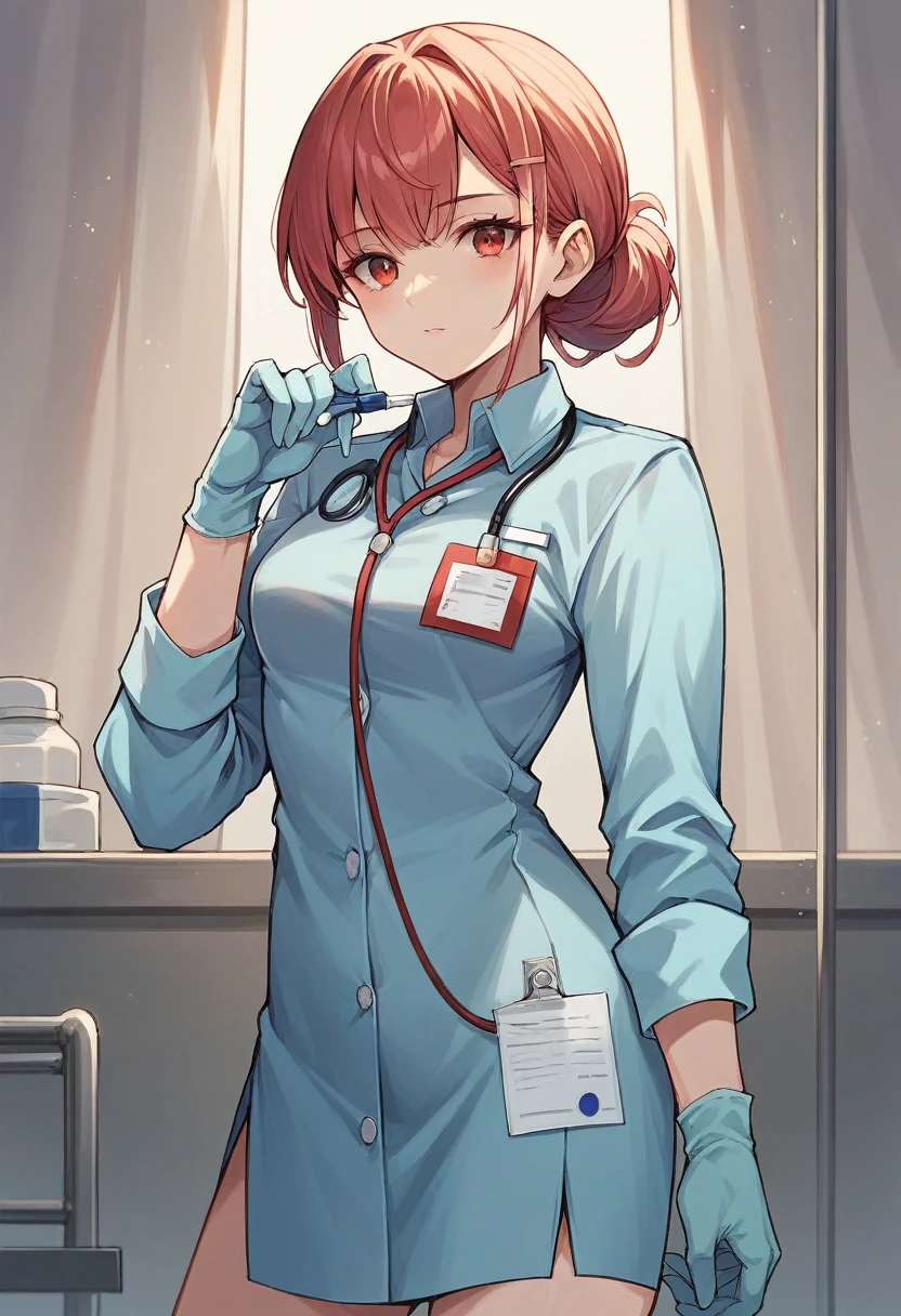 1girl, bangs, ((blue medical gloves)), ((((long sleeves)))), looking at viewer, ((red doctor outfit)), standing, solo