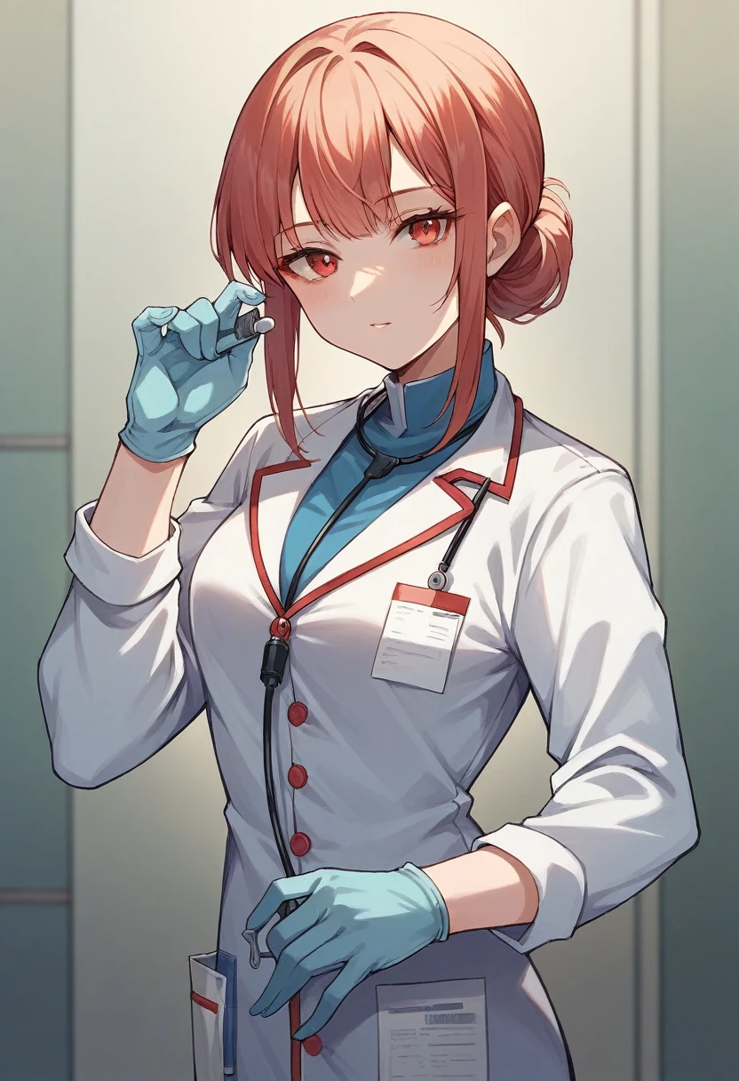1girl, bangs, ((blue medical gloves)), ((((long sleeves)))), looking at viewer, ((red doctor outfit)), standing, solo