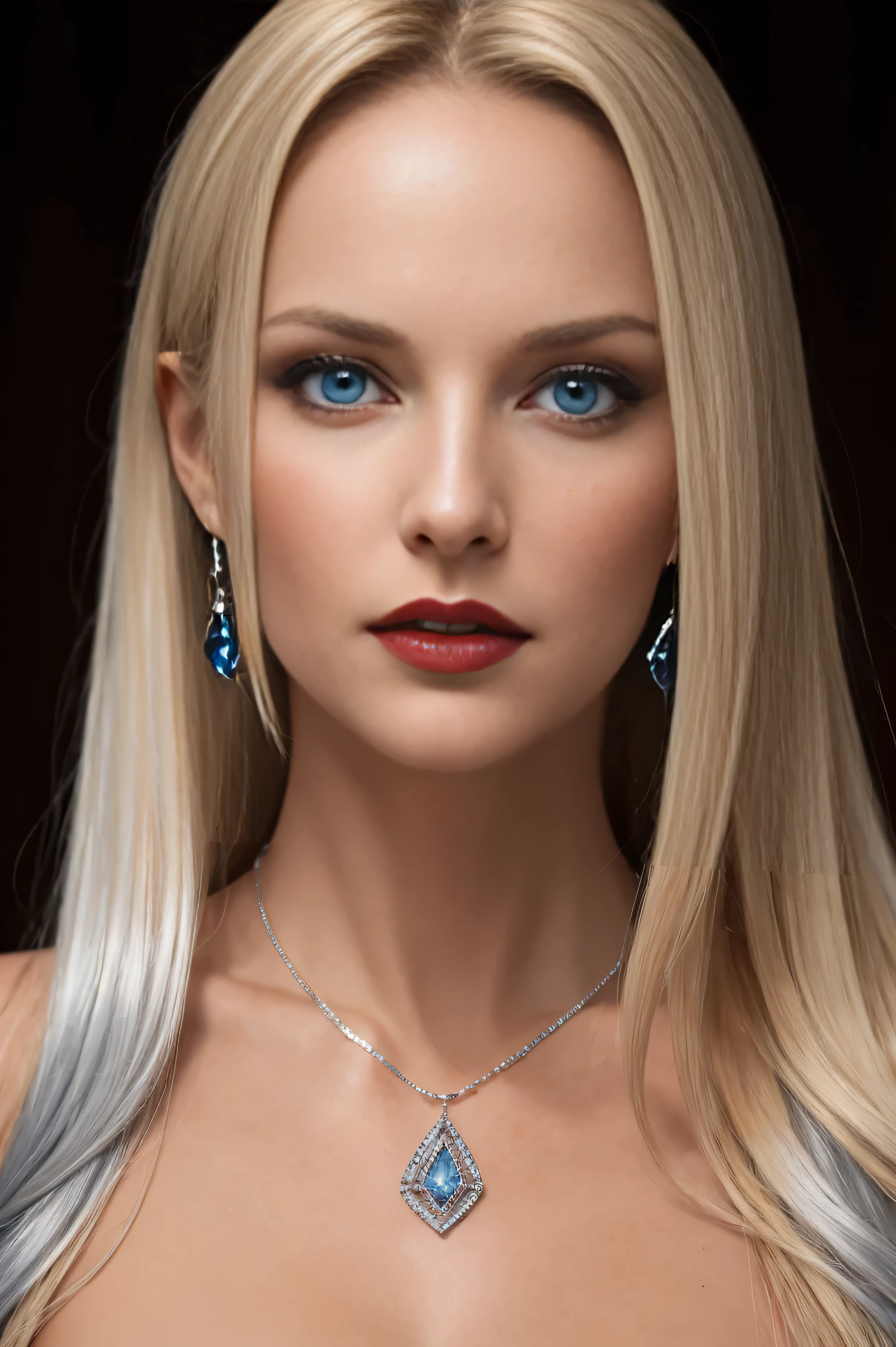 half-length portrait 30 years old caucasian woman, nagy slanting blue eyes very long blonde hair, tanned, beautiful full dark red lips, little nose, beautiful woman, silver earrings, silver necklace, gemstone pendant, hyper detailed photography, soft light, realistic portrait