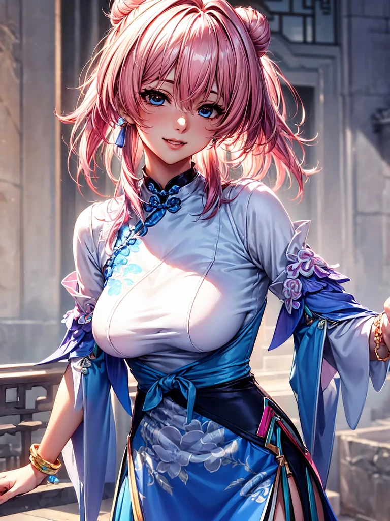 white chinese traiditional clothes, detailed pink hair