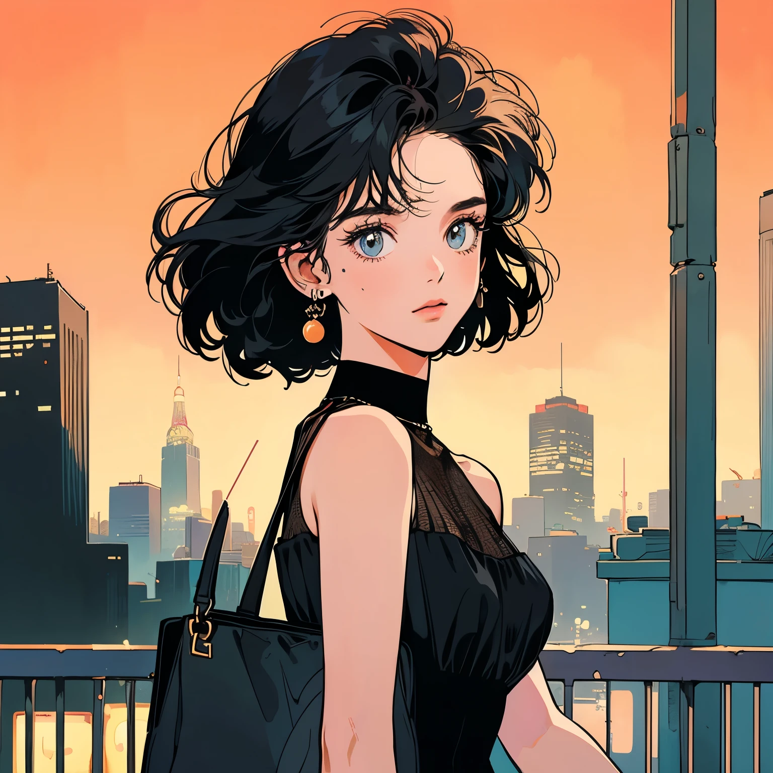 black sleeveless dress, a small handbag hanging on the should, mellow, urban vibe with soft, warm colors. Include elements like city lights, a night sky, and a relaxed, introspective mood. 80s, woman, Drunk woman with red cheek
