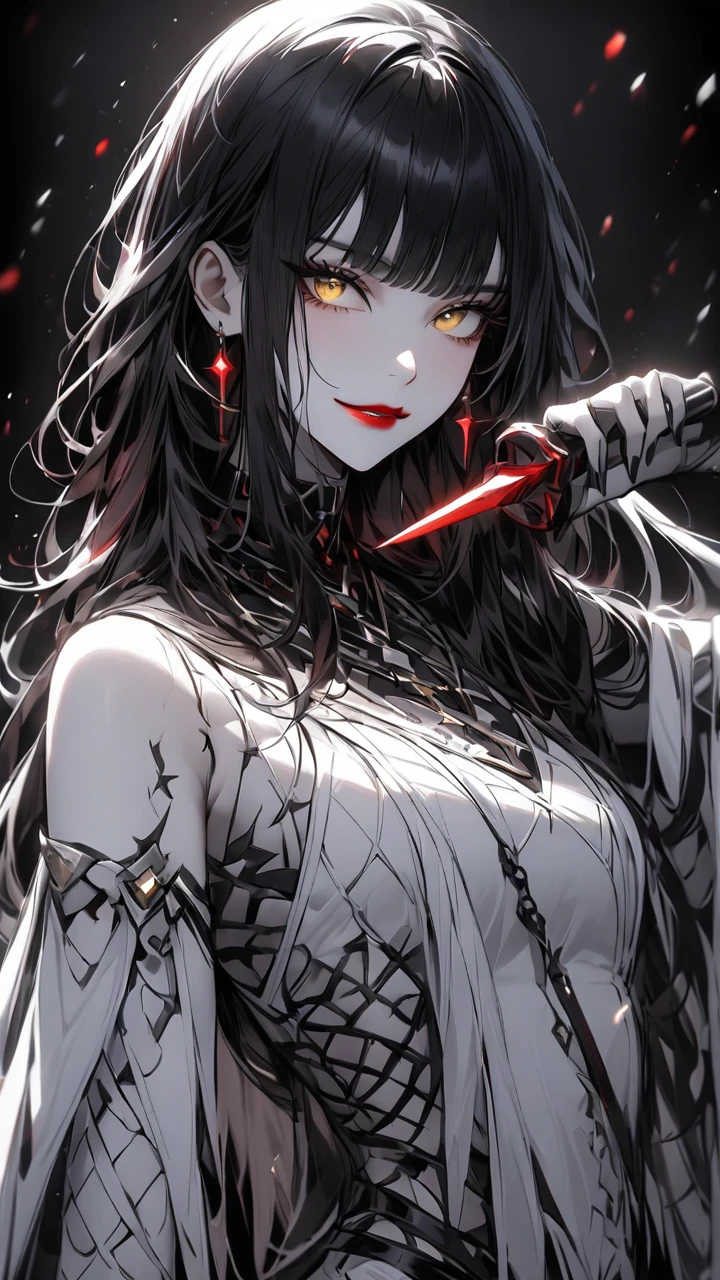 highest quality、masterpiece、1 girl、black background、black hair:1.5、yellow eyes、red lips, white clothes、Black and white world、Black and white world、pale skin、side blade, light smile 