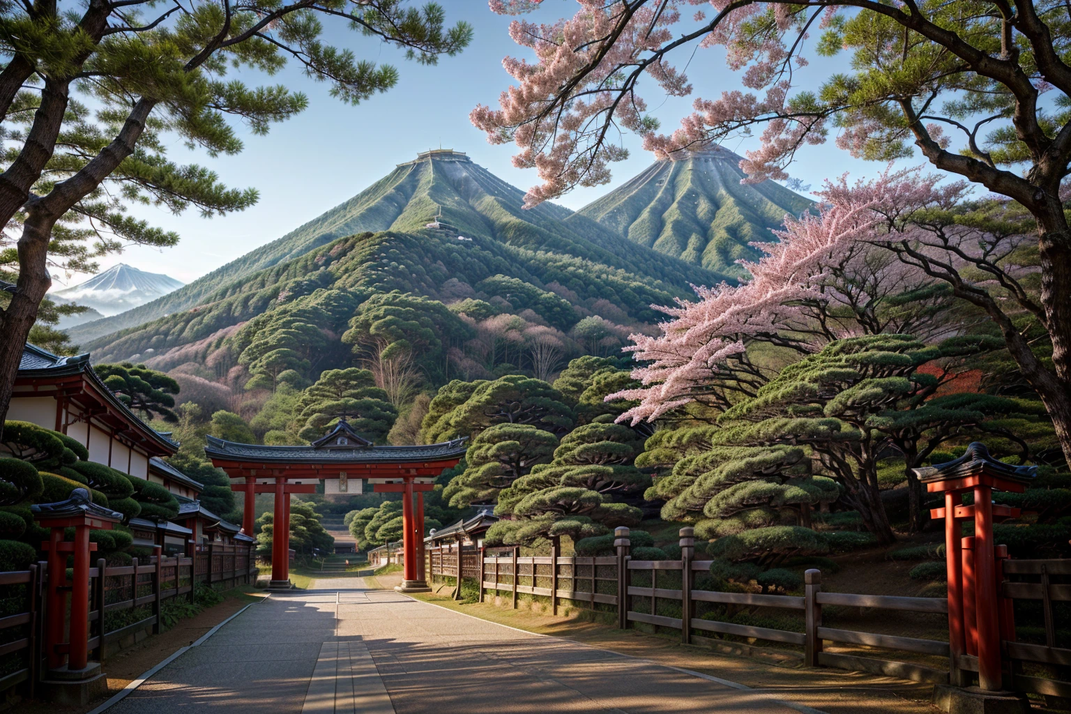 Arafad view with gate and path leading to the mountain, Mount Japan中的鸟居, Torii gate with trees on the mountain, Japanese Landscape, The Flowery Road to Heaven, Japanese Nature, Japanese travel aesthetics, lush Japanese Landscape, Inspired by Torii Kiymoto, Japanese temples, Mount Japan, Japanese Shrines, Centered Torii,((low angle shot 1.7)) ((Camera lens close to the ground to shoot 1.8))
