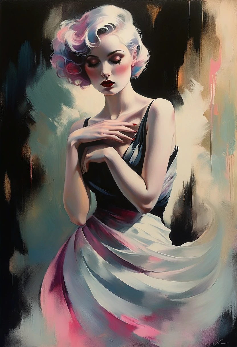 chiaroscuro technique on sensual illustration of an elegant woman, vintage beauty, eerie, very matte painting, by Hannah Dale, by Harumi Hironaka, extremely soft colors, vibrant, highly detailed, malcolm liepke painting, oil on canvas, high contrast, dramatic, refined, tonal, Create high contrast between light and shadow