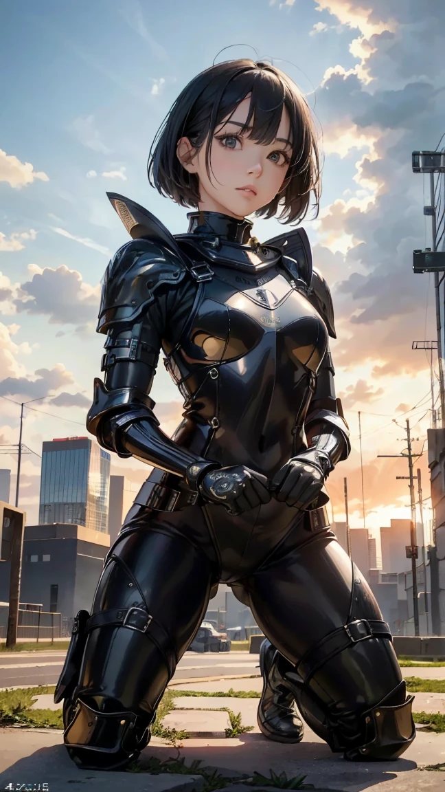 (Highest quality,4K,8k,High resolution,masterpiece:1.2),Super detailed,(Realistic,photoRealistic,photo-Realistic:1.37), A Japanese female fighter with a slim build and small face, cute, 1 girl, 18-year-old, Kneeling pose, Black super short hair, A tight-fitting combat suit in shiny black with a patent leather finish, Tight suit, gloves, Steel City Background, night lighting, Look at the viewers,