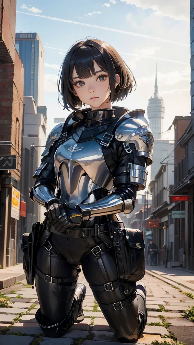 (Highest quality,4K,8k,High resolution,masterpiece:1.2),Super detailed,(Realistic,photoRealistic,photo-Realistic:1.37), A Japanese female fighter with a slim build and small face, cute, 1 girl, 18-year-old, Kneeling pose, Black super short hair, A tight-fitting combat suit in shiny black with a patent leather finish, Tight suit, gloves, Steel City Background, night lighting, Look at the viewers,
