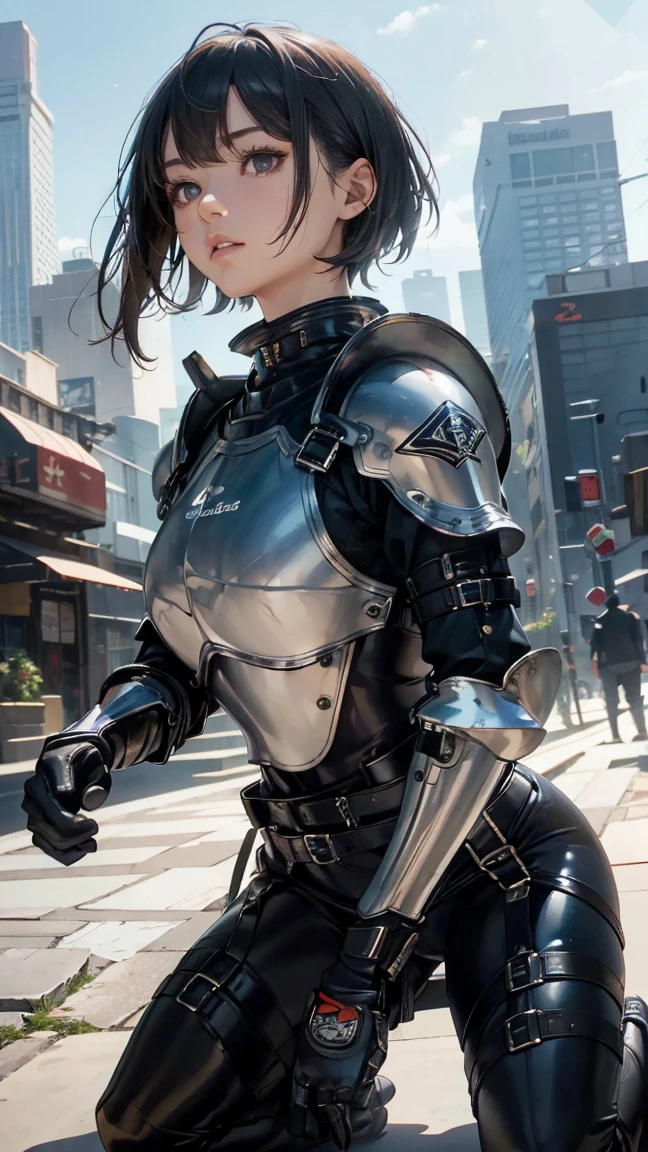 (Highest quality,4K,8k,High resolution,masterpiece:1.2),Super detailed,(Realistic,photoRealistic,photo-Realistic:1.37), A Japanese female fighter with a slim build and small face, cute, 1 girl, 18-year-old, Kneeling pose, Black super short hair, A tight-fitting combat suit in shiny black with a patent leather finish, Tight suit, gloves, Steel City Background, night lighting, Look at the viewers,