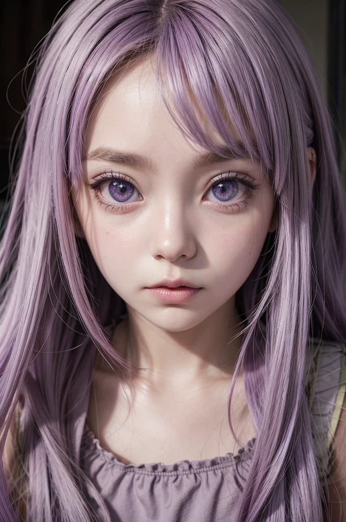 Scketch girl with lilac hair, anime, large eyes, fear