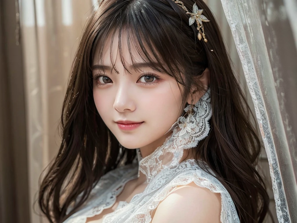 (Highest quality,masterpiece:1.3,超High resolution),(Very detailed,Caustics,8k),(Realistic:1.4,RAW shooting),Super detailed, 超High resolution,18-year-old,Rembrandt Lighting, Detailed lips、Ray Tracing,Detailed skin texture, Japanese,黒いLong Hair,耳前にLong Hair, (Long Hair:1.2), (Wavy Hair:1.2), (鈍いbangs:1.2), Chest-up shot,Ultra high definition 8K,Highest quality,Very detailedな,masterpiece,Realistic,Rich details,Photographic realism,Very detailedな環境,Very detailedな照明,Very detailedな詳細,,Detailed skin texture,Scattered under the surface,(blush:0.5),Photographic works,A slightly sad expression,Beautiful, shining lips, Detailed face、 bangs, Hair between the eyes, (Tangled in lace curtains:1.5),Smiling and looking at the camera,Top view angle,,Natural light, masterpiece, Highest quality, High resolution, ,(Face Focus:1.1),(Face close-up:1.1),Sunset