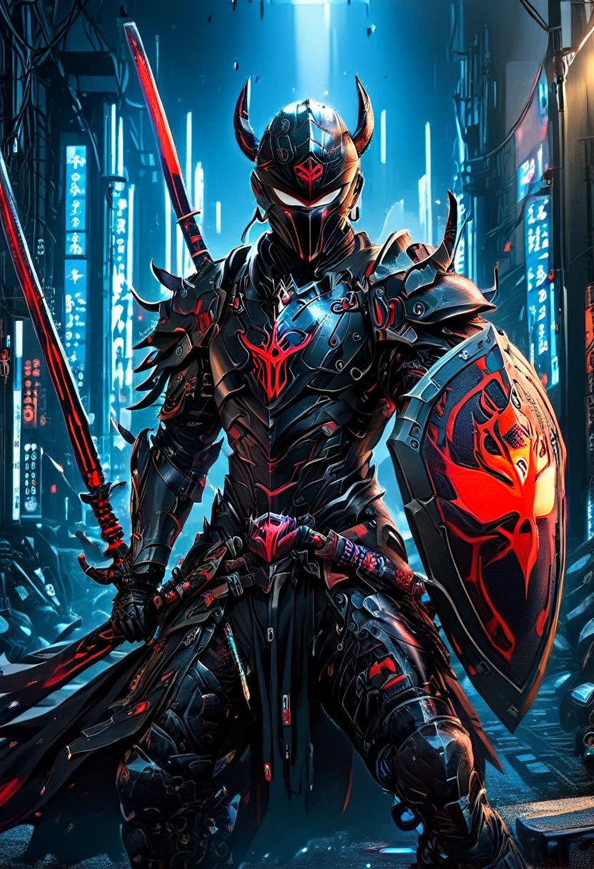 araffe dressed in a black suit holding a sword and a sword, cyborg samurai, cyber japan samurai armor, cyberpunk samurai, very beautiful cyberpunk samurai, full samurai armor spiderman, bio - mechanical ninja samurai, portrait of a cyberpunk samurai, cyber japan style armor, cyber japan armor, celtic and cyberpunk armor, black bull samurai, intricate assasin mecha armor