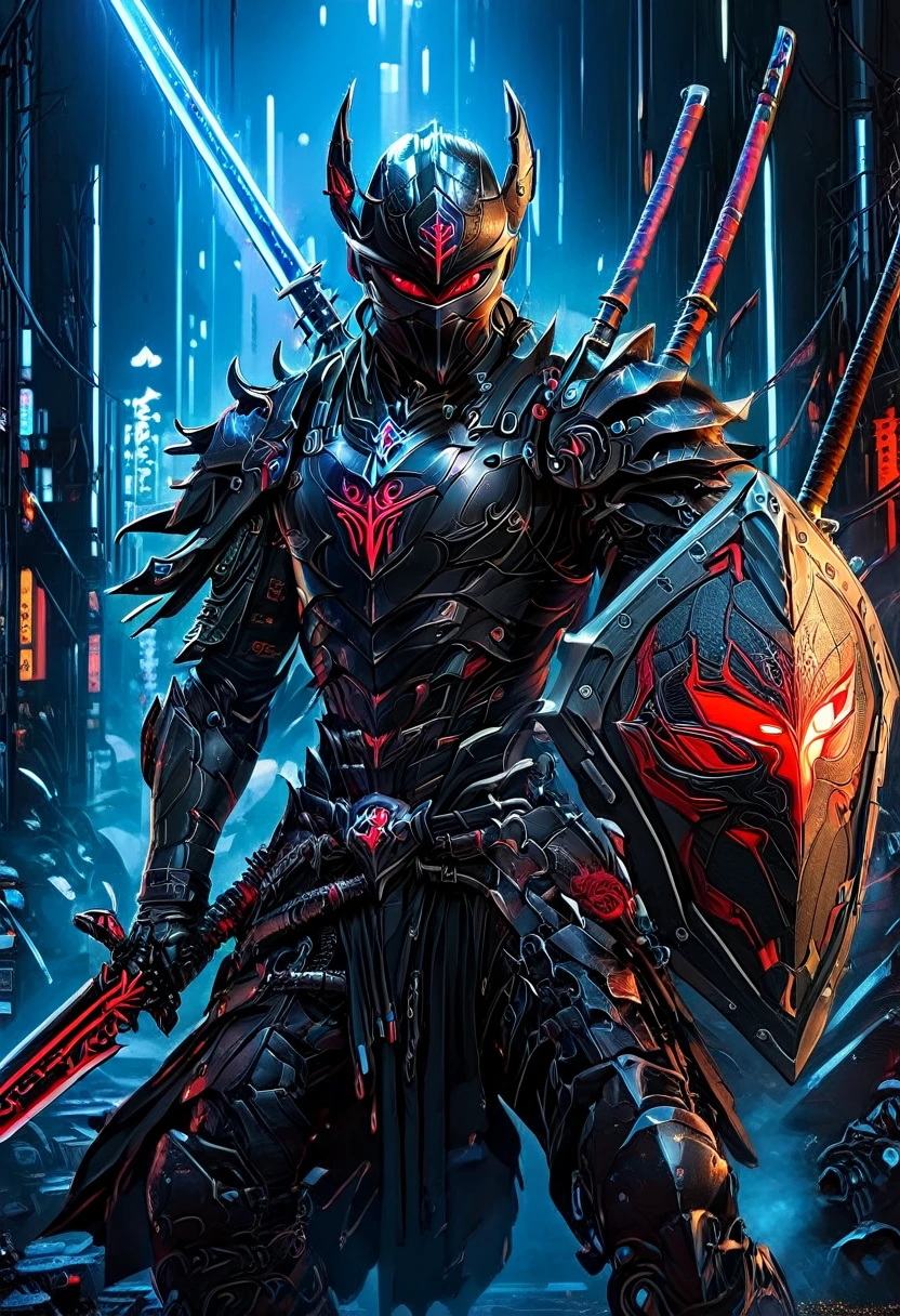 araffe dressed in a black suit holding a sword and a sword, cyborg samurai, cyber japan samurai armor, cyberpunk samurai, very beautiful cyberpunk samurai, full samurai armor spiderman, bio - mechanical ninja samurai, portrait of a cyberpunk samurai, cyber japan style armor, cyber japan armor, celtic and cyberpunk armor, black bull samurai, intricate assasin mecha armor