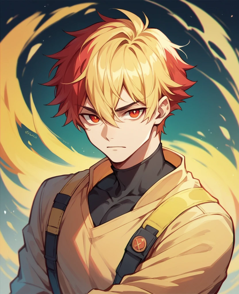 Create a stylish male character with black and yellow colour hair and red colour eyes
