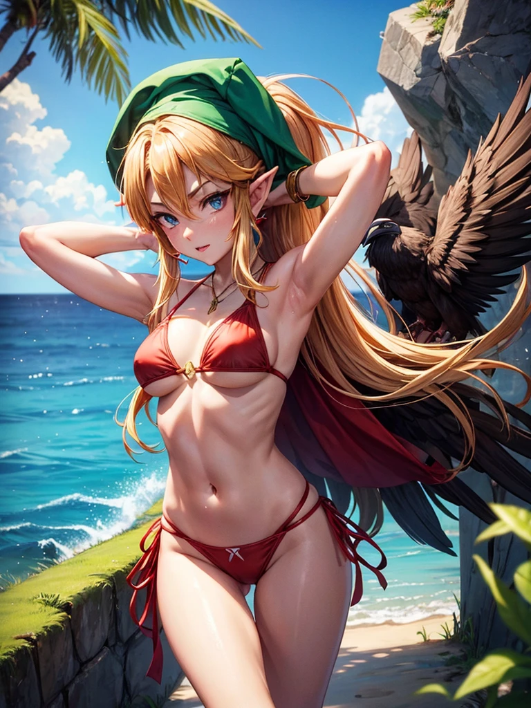 I want a link image, x and zelda, wearing a red bikini, a vulture is visible in her panties, it&#39;s his penis, she has small breasts, a huge butt and blonde hair, a beautiful face and he is lying in the sand