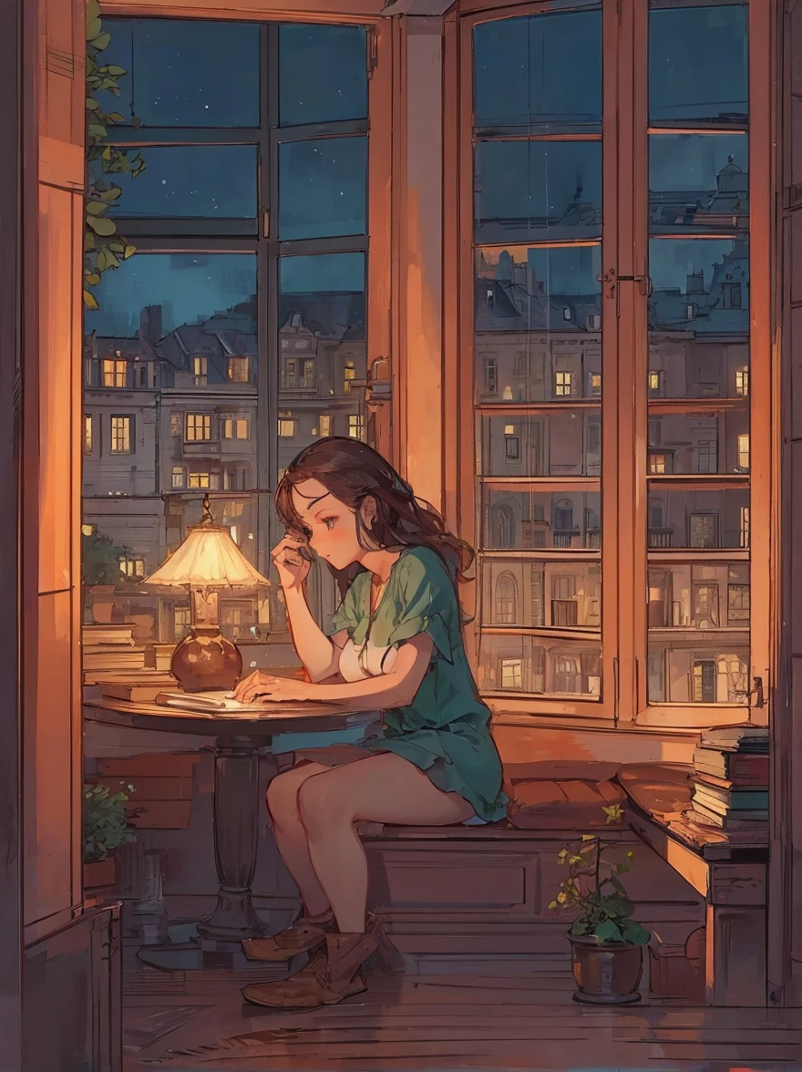 Classy dress lonely woman sitting in a window, dark academia aesthetic, cozy, dimly-lit room filled with bookshelves and a reading nook, serene, rainy evening view from a cozy indoor space, large open window, picturesque view of a classic European cityscape, Budapest inspired, lit streetlights, peaceful, vintage ambiance, wooden furniture and warm, muted lighting.