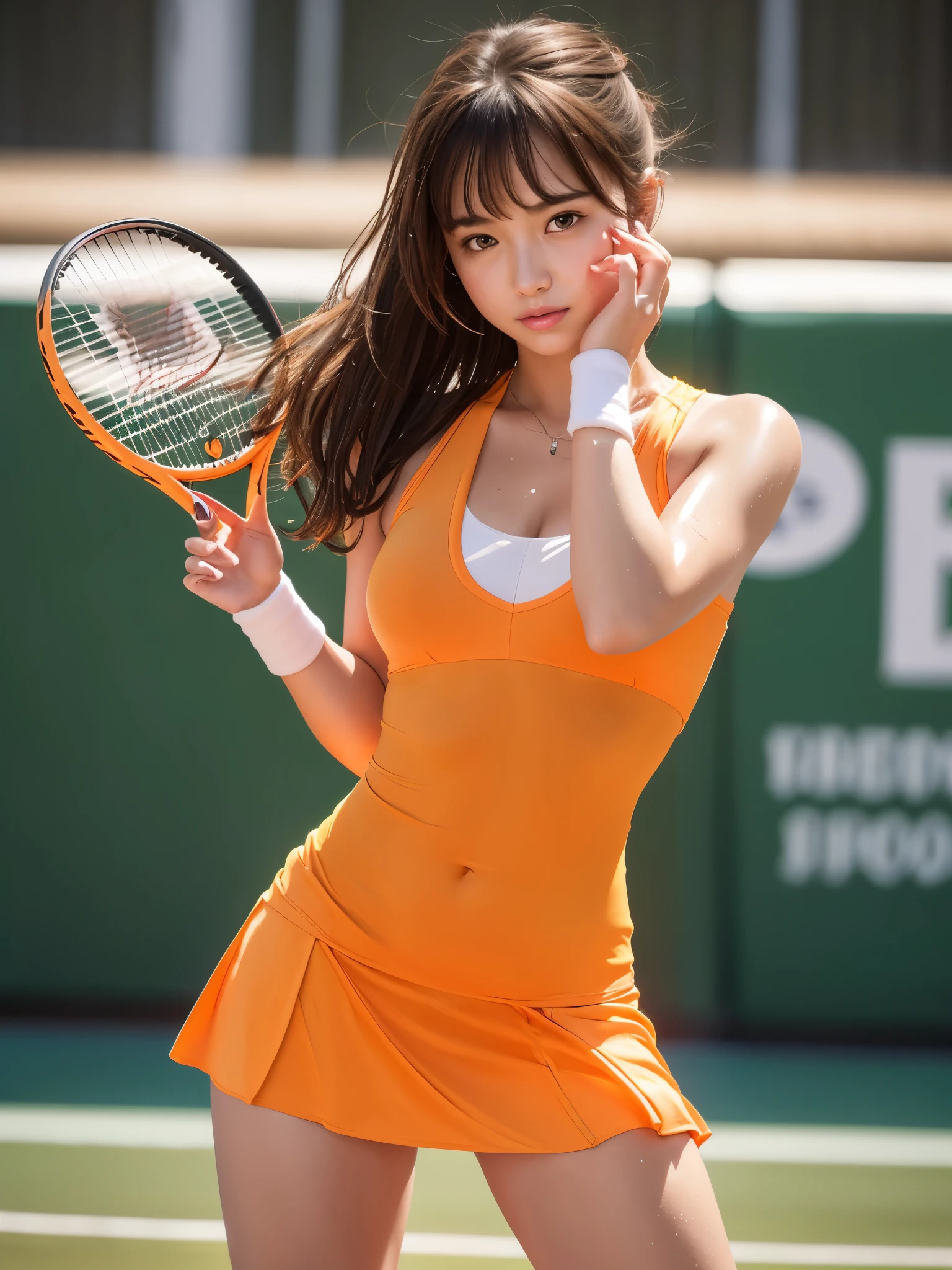 Orange tennis wear, (No underwear:1.3), (Only one stiff tennis racket in one hand,Racket grip,Hold the grip end firmly:1.3), Tennis ball, Tennis court,  (Highest quality) , ((Very detailed)) , 4K , (8k) , masterpiece, Very detailedな, Highest quality, Super Resolution, sexy, 18-year-old girl, (Height: 152cm), 1 person, Very beautiful face, Cute type, Big Natural Color Lip, Big and pretty eyes, Brown eyes, Obvious double, Small and cute nose, Soft long hair, bangs, Brown Hair, Beautiful hands, finger is five, positive, Crying a little, Orange pleated micro mini skirt, Soft Light, RAW quality, Soft Skin, (Glowing Skin, Sweaty: 1.5) , Beautiful legs, Voluptuous thighs, Plump body, Huge breasts, (Expresses the roundness and softness of the chest area........1), Beautiful body, (A perfect feminine figure), Accurate joint movement, (Provocative dynamic pose), Skirt flip, (Spreading pussy:1.2)