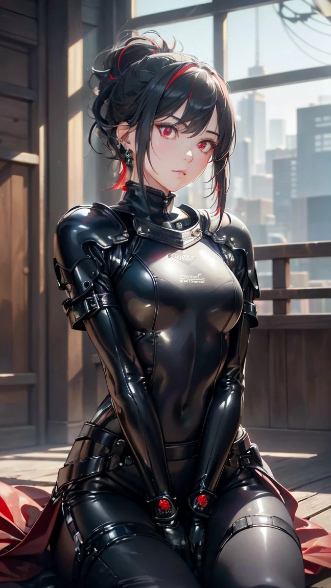 (Highest quality,4K,8k,High resolution,masterpiece:1.2),Super detailed,(Realistic,photoRealistic,photo-Realistic:1.37), A Japanese female fighter with a slim build and small face, cute, 1 girl, 18-year-old, Black super short hair, A tight-fitting combat suit in shiny black with a patent leather finish, Tight suit, gloves, Neon sign glowing background, (Cinematic Lighting), Browsing Caution, Your thorns, Black Hair, (Red eyes:1.5), Earrings, 金のhair band, hair band, Side Lock, looking at viewer, break, Highest quality, High resolution, unity 8k wallpaper, (figure:0.8), (Beautiful fine details:1.6), Highly detailed face, Perfect lighting, Highly detailed CG, (Perfect hands, Perfect Anatomy), (Sitting upright with legs apart)、(View from below)、