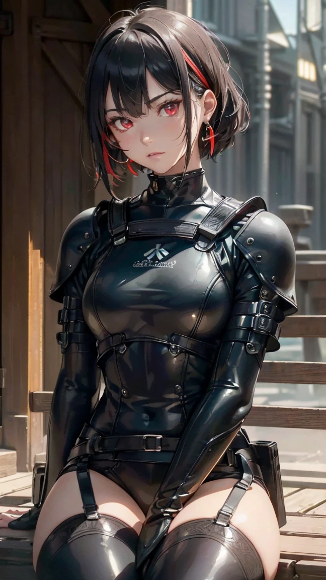 (Highest quality,4K,8k,High resolution,masterpiece:1.2),Super detailed,(Realistic,photoRealistic,photo-Realistic:1.37), A Japanese female fighter with a slim build and small face, cute, 1 girl, 18-year-old, Black super short hair, A tight-fitting combat suit in shiny black with a patent leather finish, Tight suit, gloves, Neon sign glowing background, (Cinematic Lighting), Browsing Caution, Your thorns, Black Hair, (Red eyes:1.5), Earrings, 金のhair band, hair band, Side Lock, looking at viewer, break, Highest quality, High resolution, unity 8k wallpaper, (figure:0.8), (Beautiful fine details:1.6), Highly detailed face, Perfect lighting, Highly detailed CG, (Perfect hands, Perfect Anatomy), (Sitting upright with legs apart)、(View from below)、