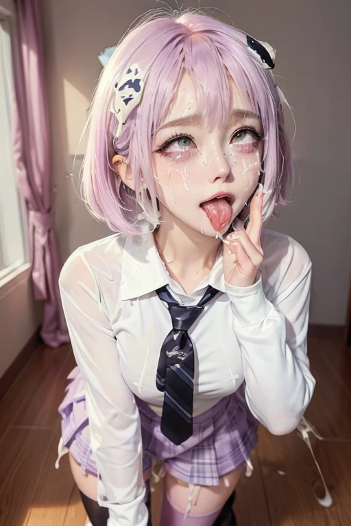 high quality, detailed,she is standing,she is and junior High school girl wearing very very wet and very transparent long sleeve white shirt and purple tie,purple plaid skirt,(bob hair,bob hair)(wearing black overknee socks),a mole under the eye,(tounge out,tounge out tounge out),(blushing:1.4),the whole body,(((cum on clothes:1.3))), (((cum on hair:1.3))), (((cum on face:1.3))),, ((((large amount of semen:1.3))))taken from the front,in the dark classroom,smile,