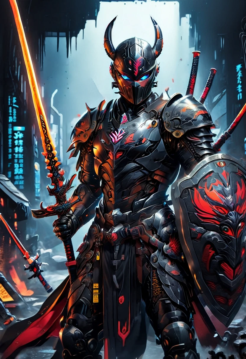 araffe dressed in a black suit holding a sword and a sword, cyborg samurai, cyber japan samurai armor, cyberpunk samurai, very beautiful cyberpunk samurai, full samurai armor spiderman, bio - mechanical ninja samurai, portrait of a cyberpunk samurai, cyber japan style armor, cyber japan armor, celtic and cyberpunk armor, black bull samurai, intricate assasin mecha armor