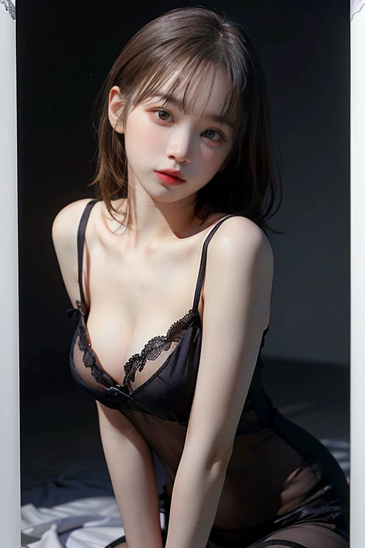 (Highest quality, 8k, masterpiece :1.3), (Sharp focus :1.2, Chaewon), (Photorealistic:1.4), (realistic:1.4), ((sheer negligee)), see-through, sexy pose, seductive expression, looking at viewver