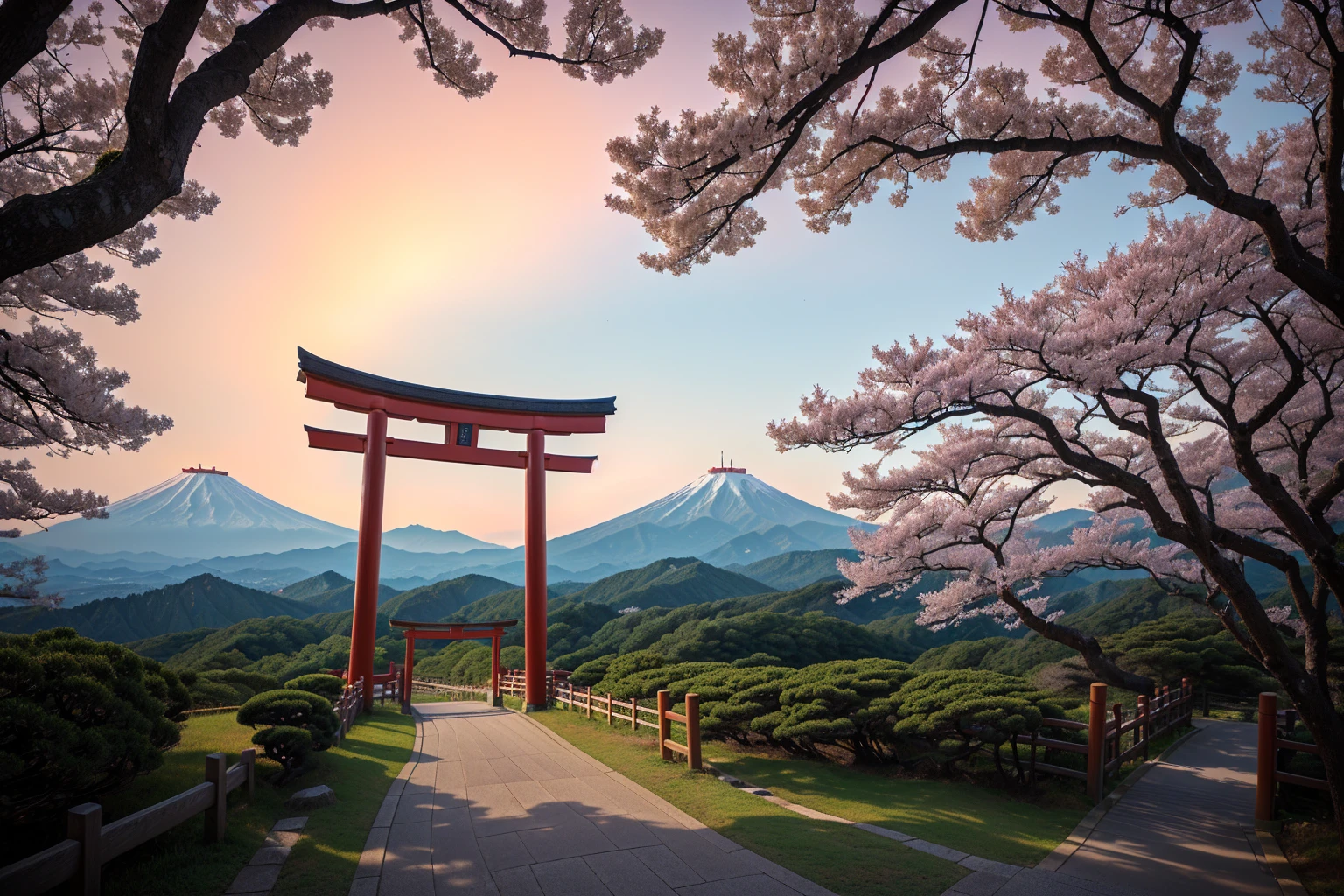 Arafad view with gate and path leading to the mountain, Mount Japan中的鸟居, Torii gate with trees on the mountain, Japanese Landscape, The Flowery Road to Heaven, Japanese Nature, Japanese travel aesthetics, lush Japanese Landscape, Inspired by Torii Kiymoto, Japanese temples, Mount Japan, Japanese Shrines, Centered Torii，((low angle shot 1.7)) ((Camera lens close to the ground to shoot 1.8))