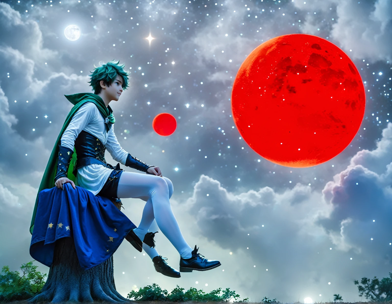 (best quality,4k,8k,highres,masterpiece:1.2),1boy,venti_\(genshin_impact\),sitting in tree,(face focus,detailed face and clear eyes),flat chest,realistic:.5,night time,ladyshadow,bluegreen eyes,mysterious smile,green cape,white long sleeved shirt,leather corset,(puffy green shorts),(plain white tights),green hat, dark night scene, starry sky with nebula,dark,low light,deep blue lighting,