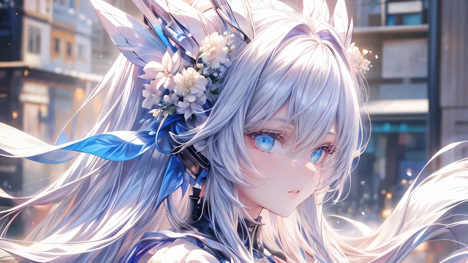 anime girl with blue eyes and white hair in front of flowers, beautiful anime portrait, cute anime girl portraits, anime visual of a cute girl, detailed portrait of anime girl, detailed digital anime art, stunning anime face portrait, anime art wallpaper 4 k, anime art wallpaper 4k, portrait anime girl, cute anime girl portrait, girl with white hair