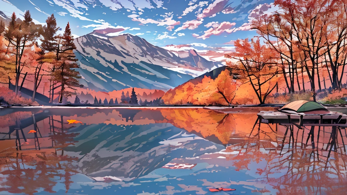 a wonderful autumn camping landscape, forest trees, mountains in the distance, cloudy sky, calm lake reflection, fallen leaves on the ground, campfire, camping tent, wooden bench, outdoor gear