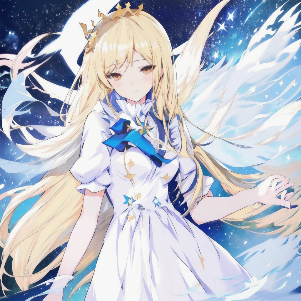 anime woman with long blonde hair and a white dress standing in the middle of a sea of stars, anime splash, anime goddess, visual anime of a cute girl, blonde adult woman with long hair, daytime ethereal anime, greek dress, Marisa Kirisame, official art, star crown