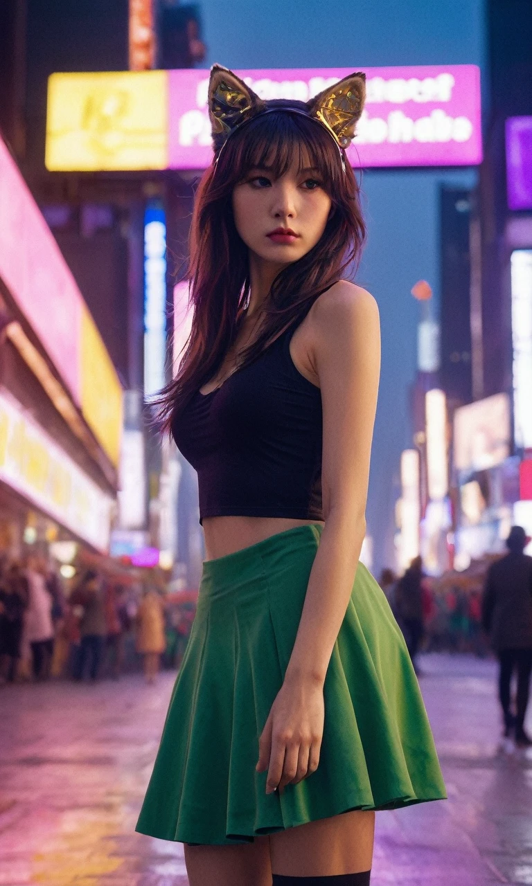 xxmixgirl,1 female detailed face time square detailed background shadow dramatic lighting by Bill Sienkiewicz ( SimplepositiveXLv1:0.7),Lynette, animal ear fluff, Animal ears, Cat ears, facial mark, Hair Bow, Purple_eyes, Brown hair, Star, Star on cheek, bow, green bow, Leotard, Long sleeves, miniSkirt, pantyhose, top_hat,,under sea,