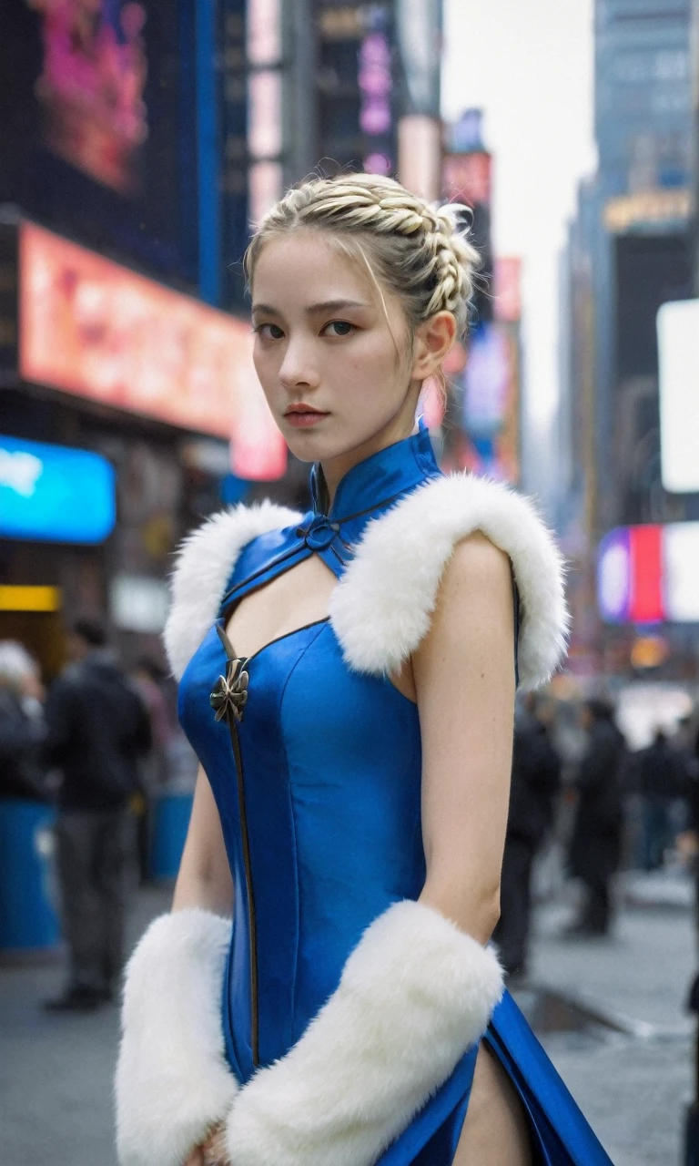xxmixgirl,1 female detailed face time square detailed background shadow dramatic lighting by Bill Sienkiewicz ( SimplepositiveXLv1:0.7),saber_(fate), fate_(series), 1girl, ahoge,blonde_hair,braid, braided_bun,single_hair_bun, hair_ribbon, green_eyes, armor, armored_dress, blue_cape, blue_dress, blue_ribbon, breastplate, cape,dress, faulds, fur-trimmed_cape, fur_trim, gauntlets,long_sleeves,,in hot spring,Onsen,
