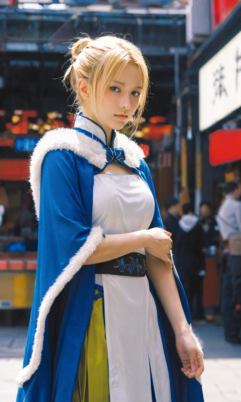 xxmixgirl,1 female detailed face time square detailed background shadow dramatic lighting by Bill Sienkiewicz ( SimplepositiveXLv1:0.7),saber_(fate), fate_(series), 1girl, ahoge,blonde_hair,braid, braided_bun,single_hair_bun,  hair_ribbon,   green_eyes, armor, armored_dress,  blue_cape, blue_dress, blue_ribbon, breastplate, cape,dress, faulds, fur-trimmed_cape, fur_trim, gauntlets,long_sleeves,,in hot spring,Onsen,
