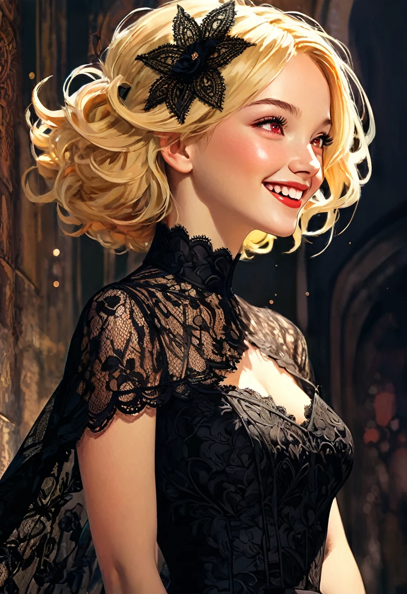 (one beautiful girl:1.3),solo,absurdres, insanely detailed, laughing,extremely detailed illustration,(ultra-highres),(ultra-detailed),(best quality:1.3),(best masterpiece:1.3),vibrant colors,16k wallpaper,detailed beautiful face and eyes and hair,dynamic depiction,side shot,nice pose,depth of field,cinematic lighting,soft lines, soft surface, line drawing,(Happy smile:1.1),natural make,blonde hair,short hair,red eyes,black wedding dress,(Elegant textured black lace costume with very detailed:1.3),veil,(black cloth:1.3),(black and raschel lace theme:1.3), Bill Sienkiewicz inspired art