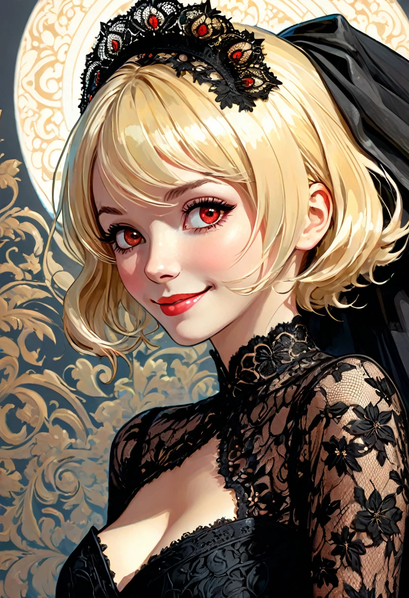 (one beautiful girl:1.3),solo,absurdres, insanely detailed, laughing,extremely detailed illustration,(ultra-highres),(ultra-detailed),(best quality:1.3),(best masterpiece:1.3),vibrant colors,16k wallpaper,detailed beautiful face and eyes and hair,dynamic depiction,side shot,nice pose,depth of field,cinematic lighting,soft lines, soft surface, line drawing,(Happy smile:1.1),natural make,blonde hair,short hair,red eyes,black wedding dress,(Elegant textured black lace costume with very detailed:1.3),veil,(black cloth:1.3),(black and raschel lace theme:1.3), Bill Sienkiewicz inspired art