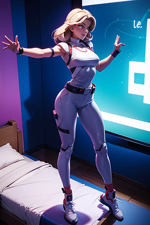 Mobile Game, 2014 action vehicle simulator video game, ragdoll physics, Secret Exit Ltd. Turbo Dismount, Turbo Dismount Character, Video Game Character, Ms. Dismount, Female, Girl, Dynamic Pose, Medium Breasts, Bedroom Setting