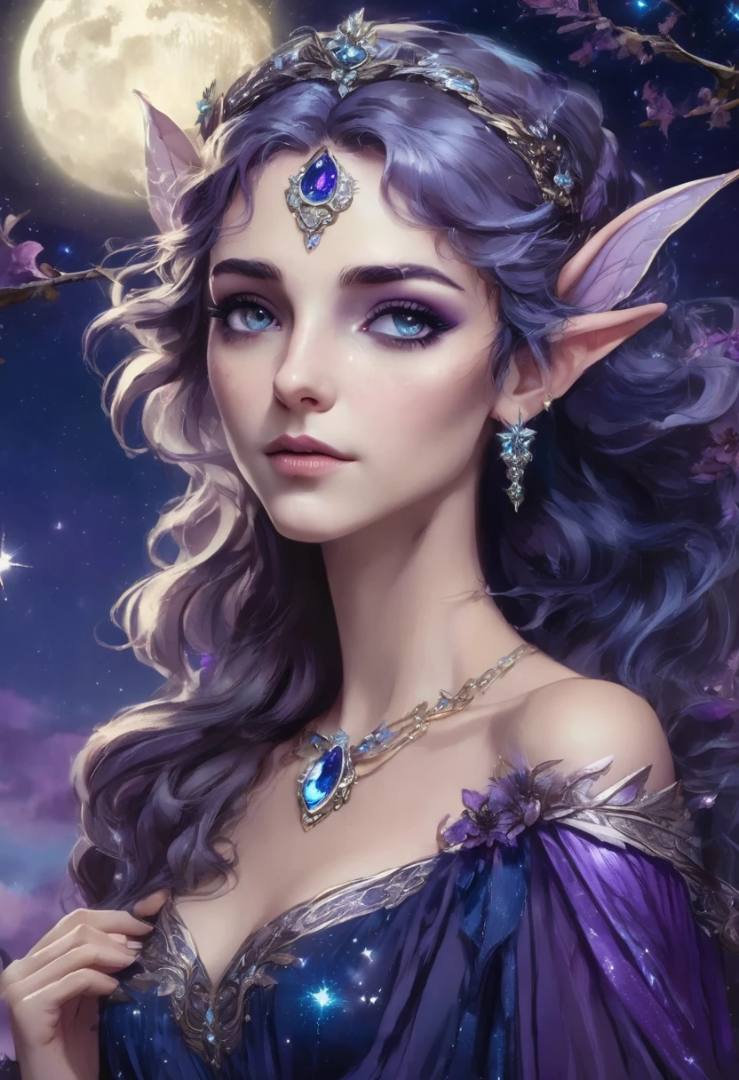 1 woman, she is a faerie, standing on a balcony overlooking a starry night sky in shades of purple and blue, wearing an elegant dark blue Grecian Dress, small elf ears, small diamond accessories, detailed facial features, thick eyebrows, gray-blue feminine eyes, detailed fair skin, blondish brown hair, dramatic lighting, cinematic composition, dark palette, dark colors, atmospheric haze, thin chin, serious face, Ethereal Beauty, Mythical Beauty (melhor qualidade, 4K, 8K, alta resolução, arte: 1.2), ultra detalhada (realista, fotorrealista, fotorrealista: 1.37)