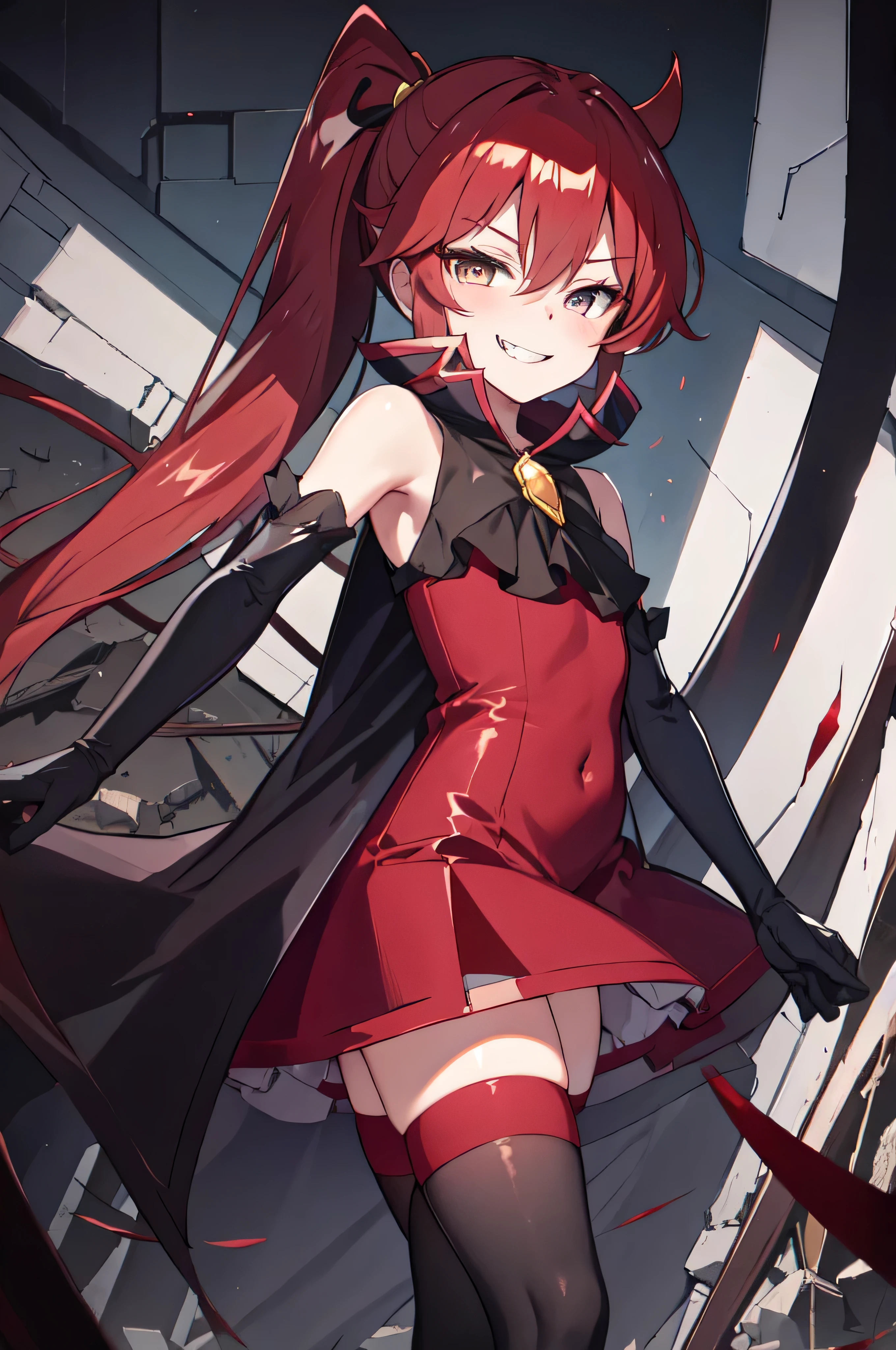 Highest quality, masterpiece, One Girl,Not beautiful, Red Ponytail, Long dress, brooch, Hair Ribbon,  Black knee socks, Standing on the rubble,  (Wicked Smile:1.1), ,,Dark shadowed face,Sadistic smile,Malice,Contempt,smile,latex,Bad face,,Red Skirt,two hands,Two legs,five fingers,evil background,elbow gloves,latex, Wicked Smile, devilish aura (Shiny fabric:1.5),Dark world background,solo,


