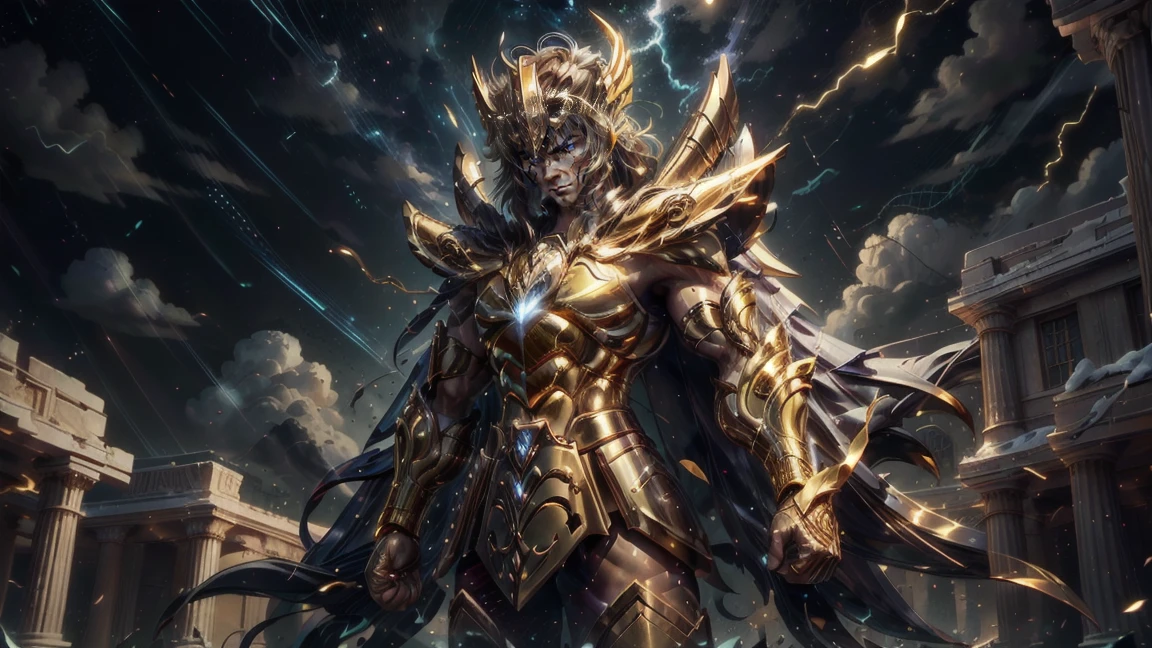 (masterpiece), 1boy, 20 yo man, (muscular), Saint seiya, zodiac knight, gold armor, full body shot, full body armor, gold saint, athletic_male, muscular, muscular biceps, shredded, well-defined muscles, full leg armor, storm, thunderbolt, thunder, lightning, greek ruins, masculine muscular figure, heroic fantasy art, muscular character, heroic masculine, fierce, manly face, Armor, Golden Armor, (helmet), night sky, (Golden helmet: 1.2), full body, shiny armor, thundermagic, excessive energy, charged aura, full body, thunderbolt, big biceps, white cape, flowing cape, long hair, fingerless gloves, SagittariusArmor, armor, golden armor, wings, helmet, long metal wings, (((long golden wings))),
BREAK,
full body shot, photorealistic, best quality, (extremely detailed CG unity 64k wallpaper), ultra-high resolution, ultra-high definition, maximalist, 64k UHD, highres, intricate, intricate details, absurdres, highly detailed, finely detailed, ultra-detailed, ultra-high texture quality, DLSR, RTX, (HDR), detailed textures, ultra-high pixel detail, professionally color graded, full color depth, sharp focus, volumetric lighting, natural shadow, dramatic shading, dramatic lighting,